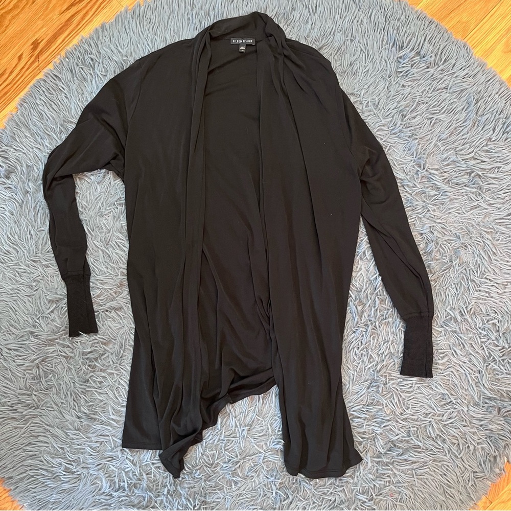 Eileen Fisher Black Open Front Silk Cardigan Size L